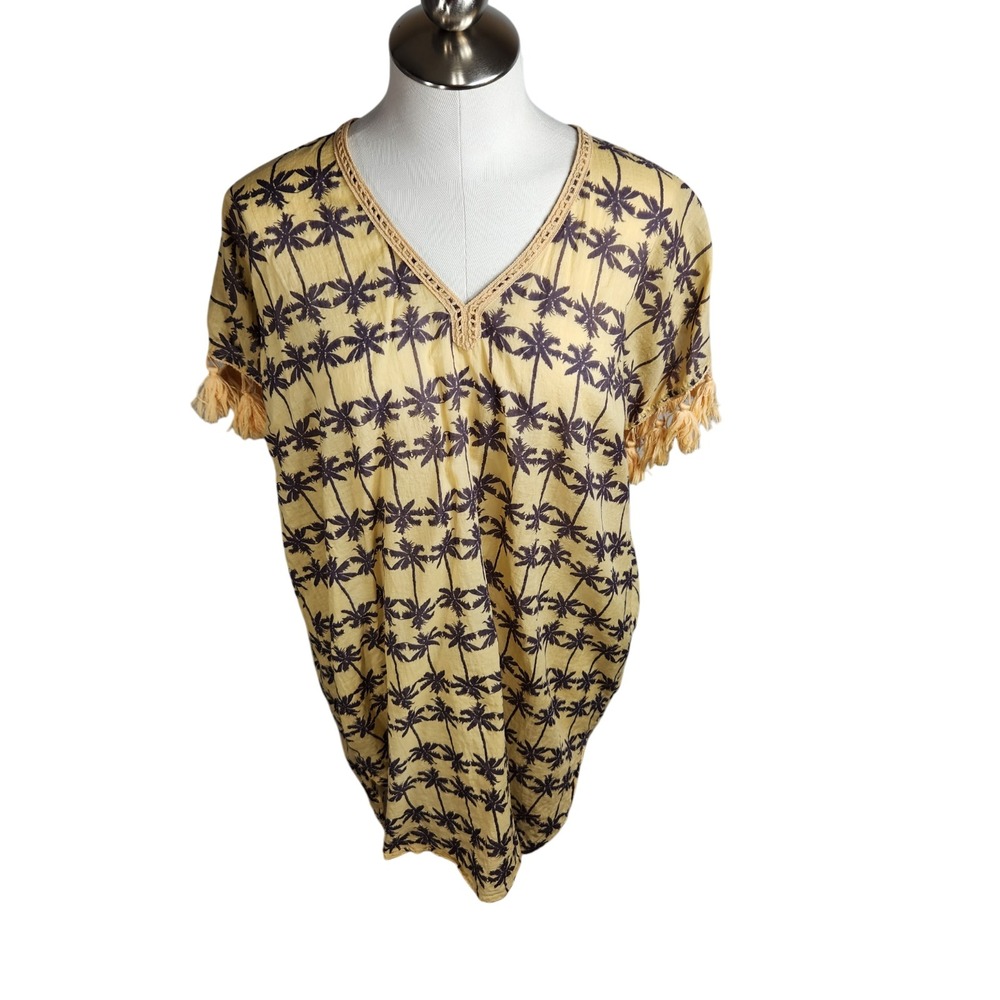 Z&L‎ Europe Cover Up Yellow Palm Tree Print Tassels Beach Pool Swim Vacation